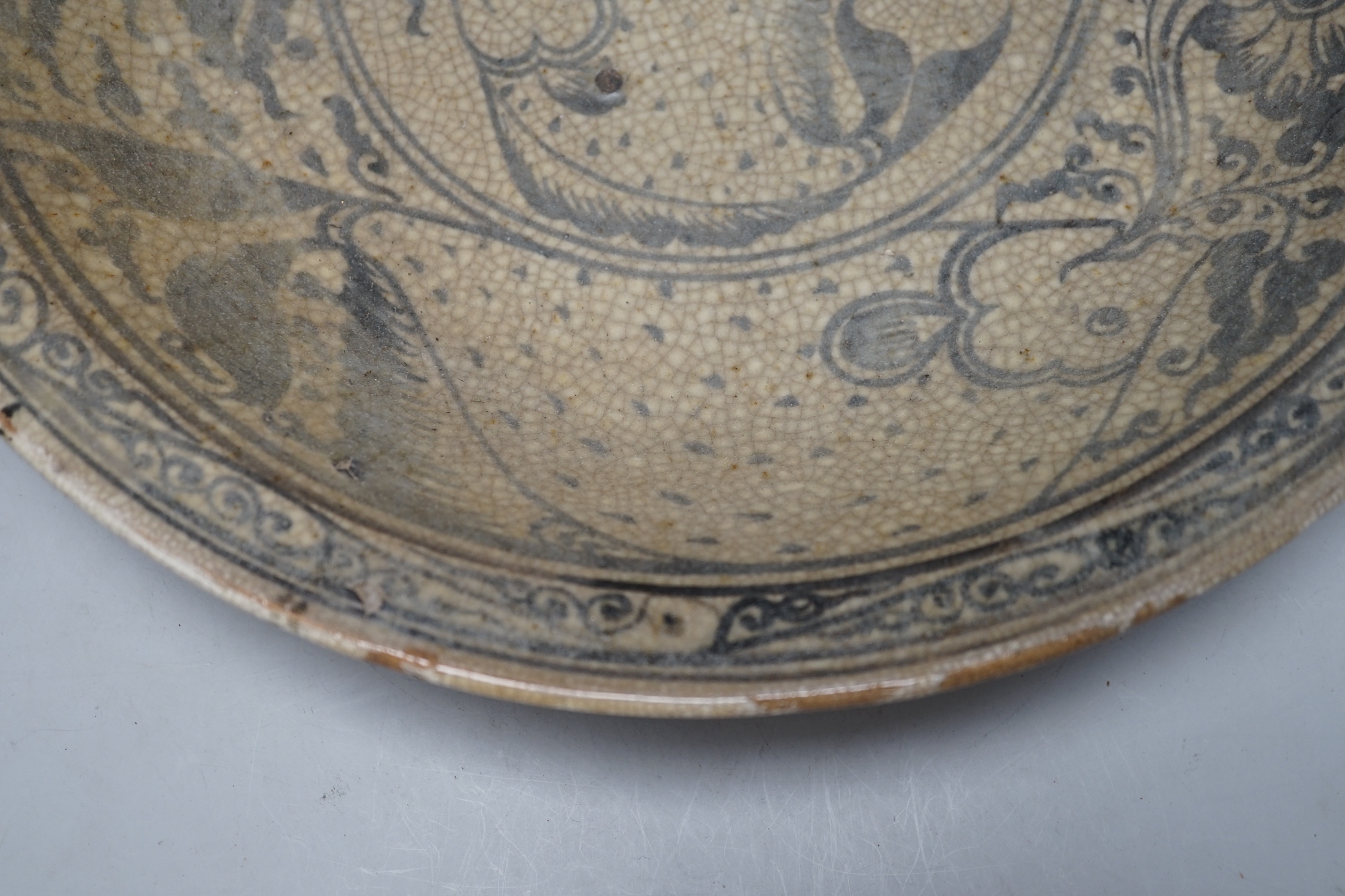 A Sukhothai underglaze blue fish dish, 36cm in diameter